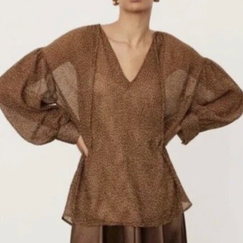 Vince Starry Dot Shirred Brown Crinkle Blouse Small Oversized Sheer Luxury Boho